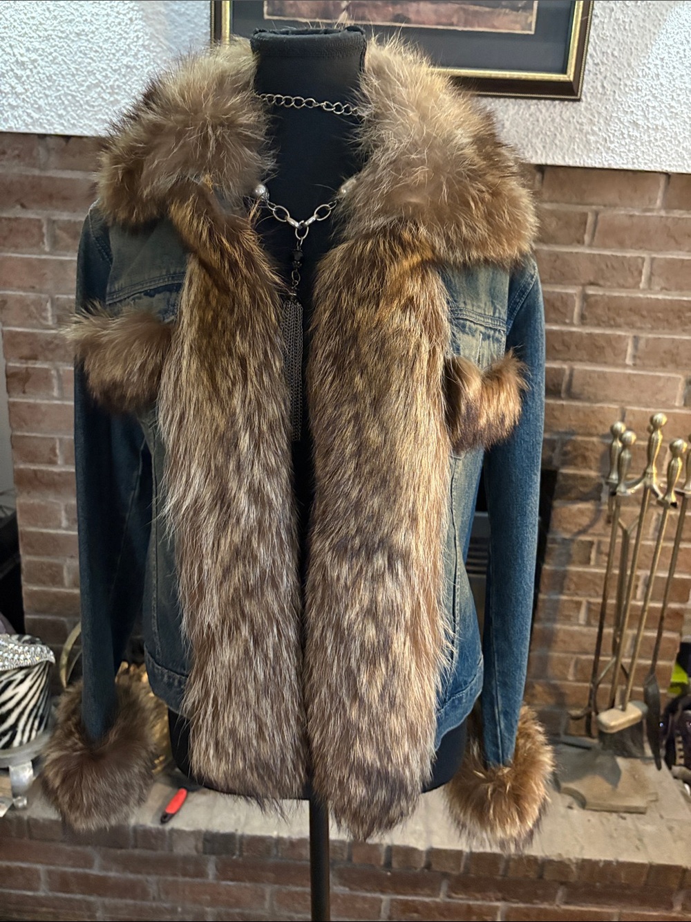 Vintage Blue Denim Jacket with Brown Faux Fur Trim
